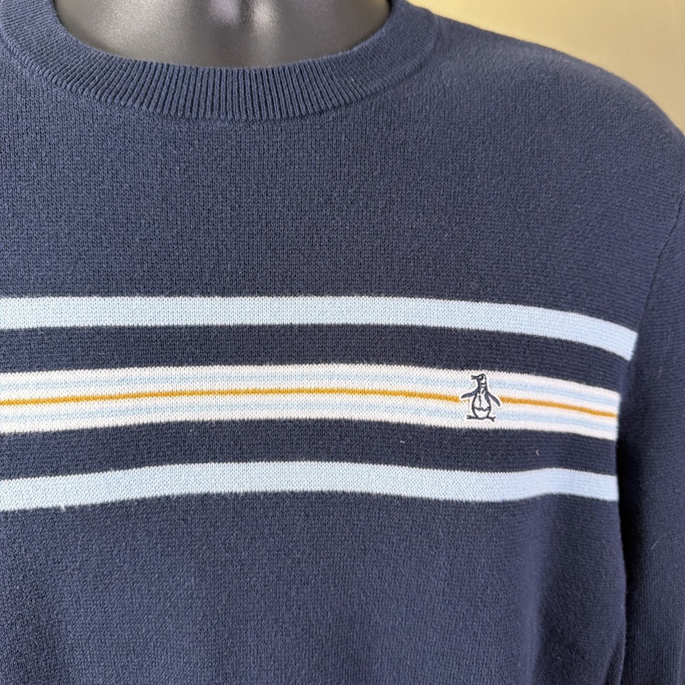 Original Penguin Men's Navy W/Stripes Logo Crewneck Pullover Sweater Jumper L